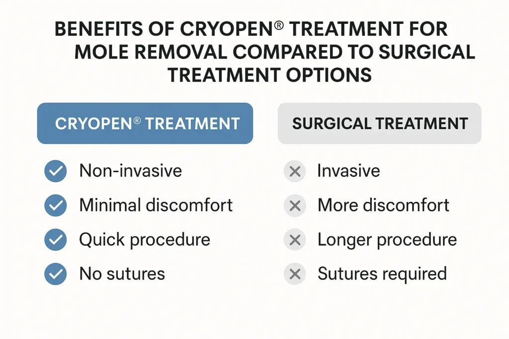 Table to show the benefits of getting moles removed Taunton from LA LIPO