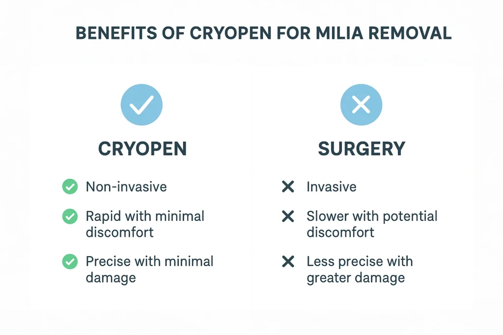 Benefits of cryopen for milia removal Taunton compared to surgical treatments.