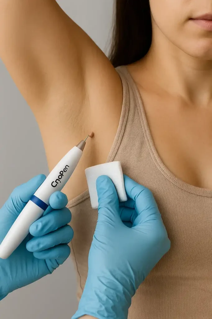 woman having cryopen to remove underarm skin tags Taunton
