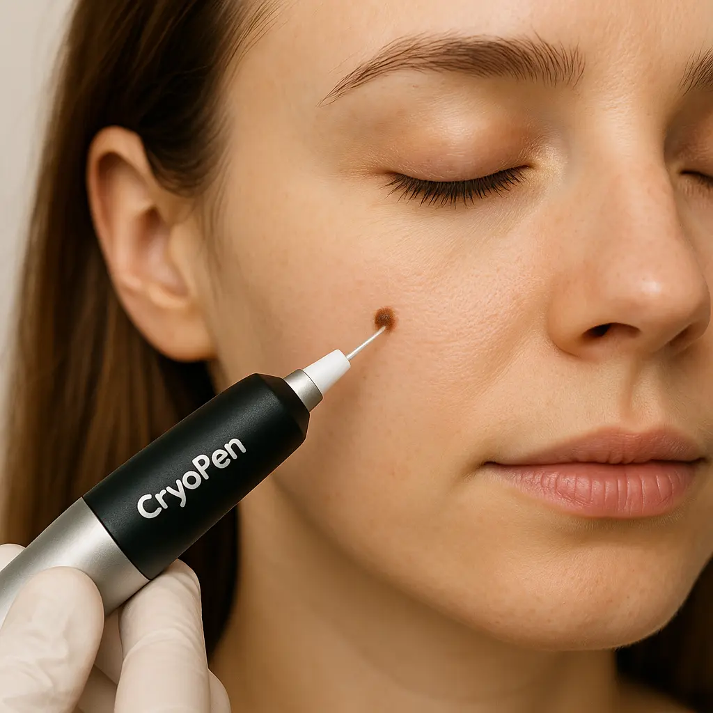 woman receiving facial mole removal Taunton using cryopen