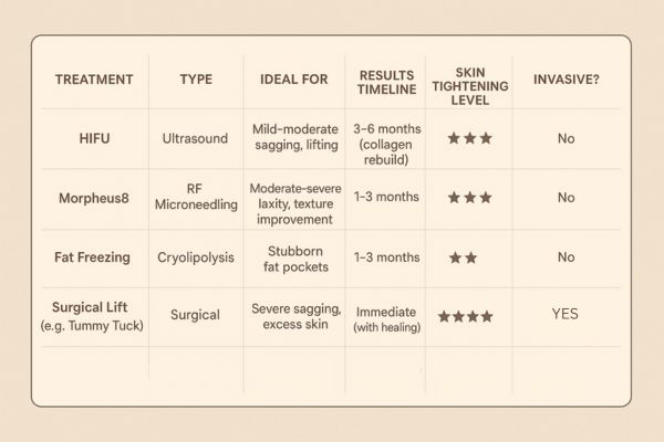 Table showing the comparisons of Skin tightening Taunton treatment options. 
